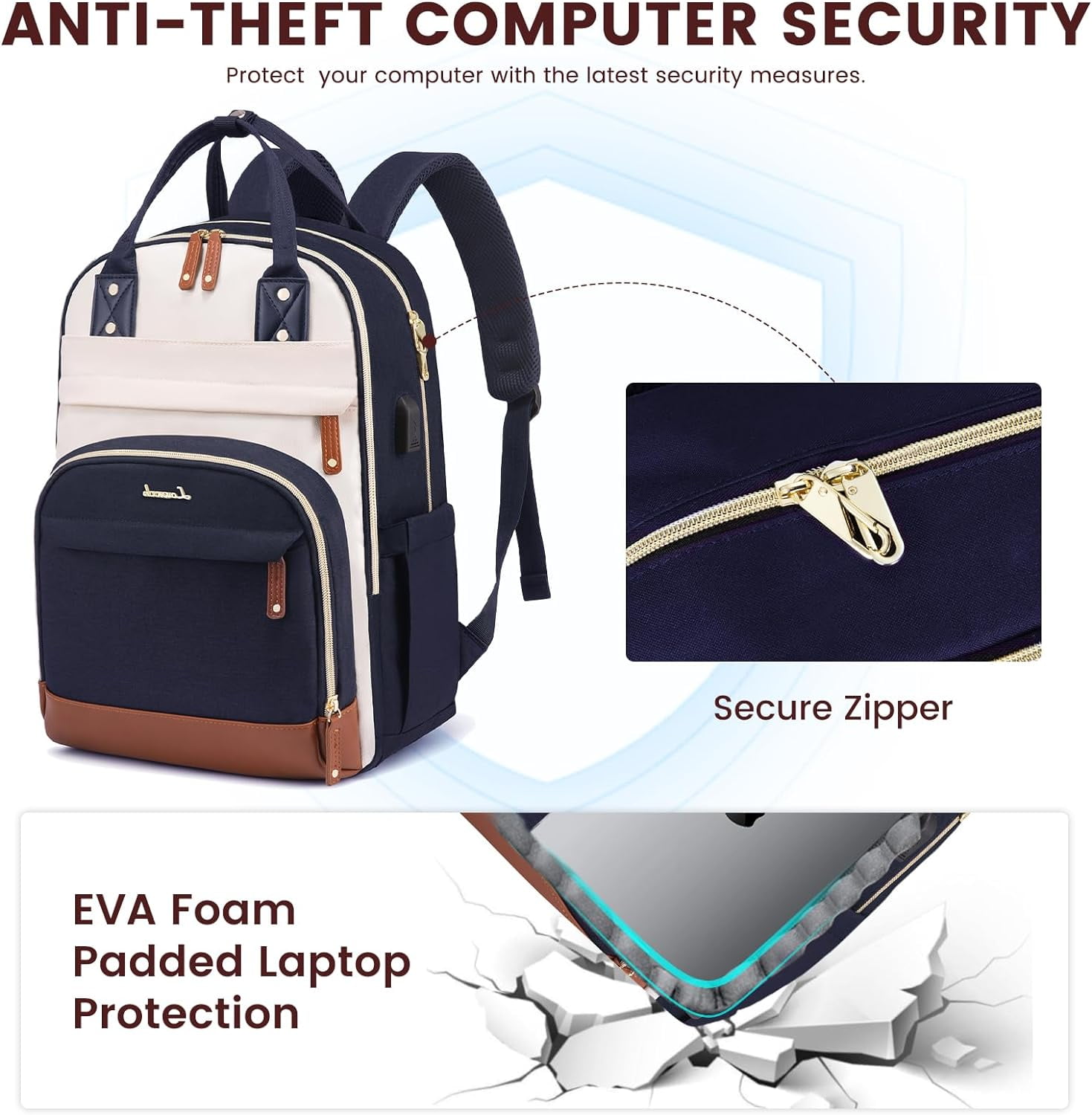 Lovevook Women's USB Charging Port Nylon 15.6" Laptop Backpack, Navy-Beige