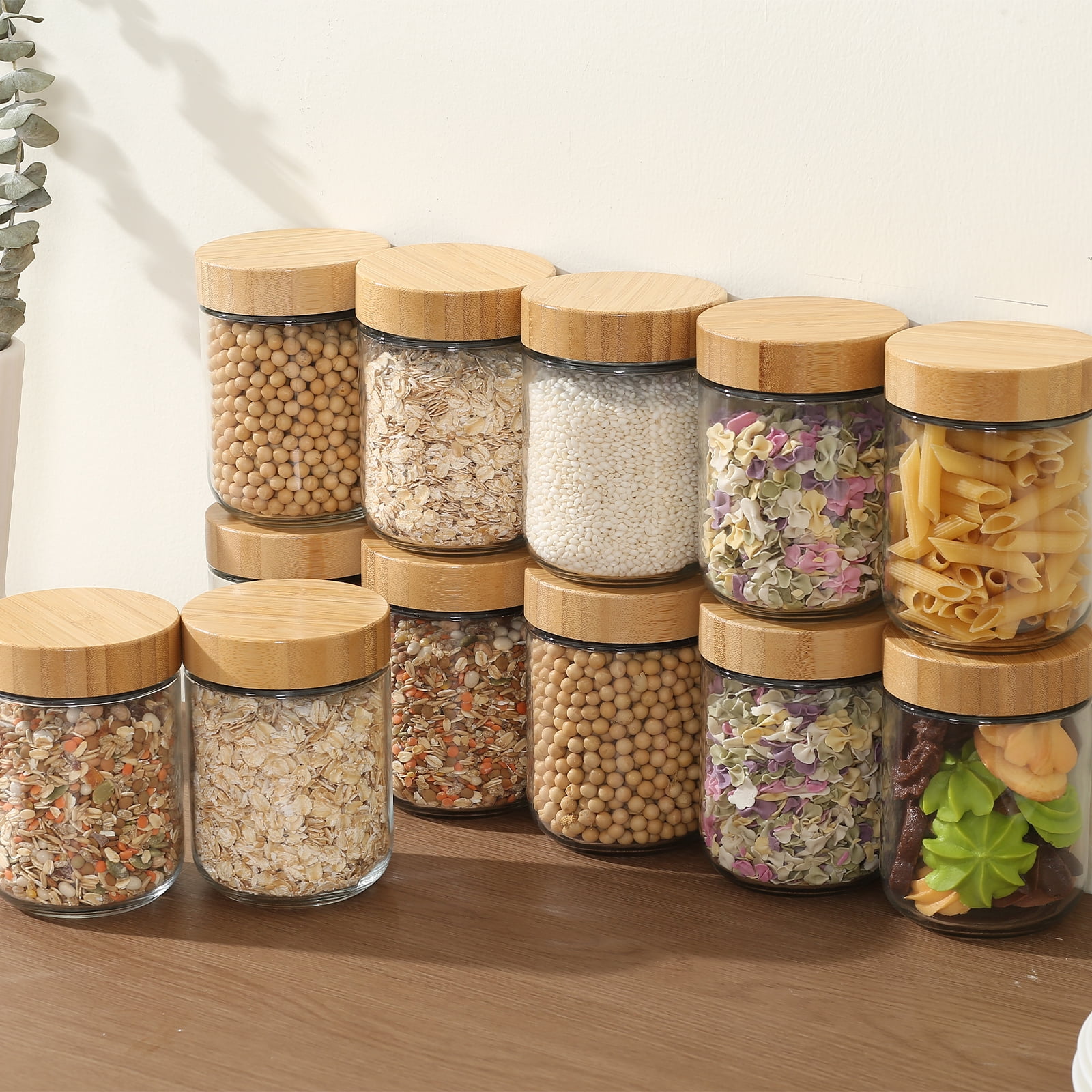 Novelinks Clear Glass Bamboo Airtight Overnight Oats, Fruit Yogurt Food Storage Jars 12 Count