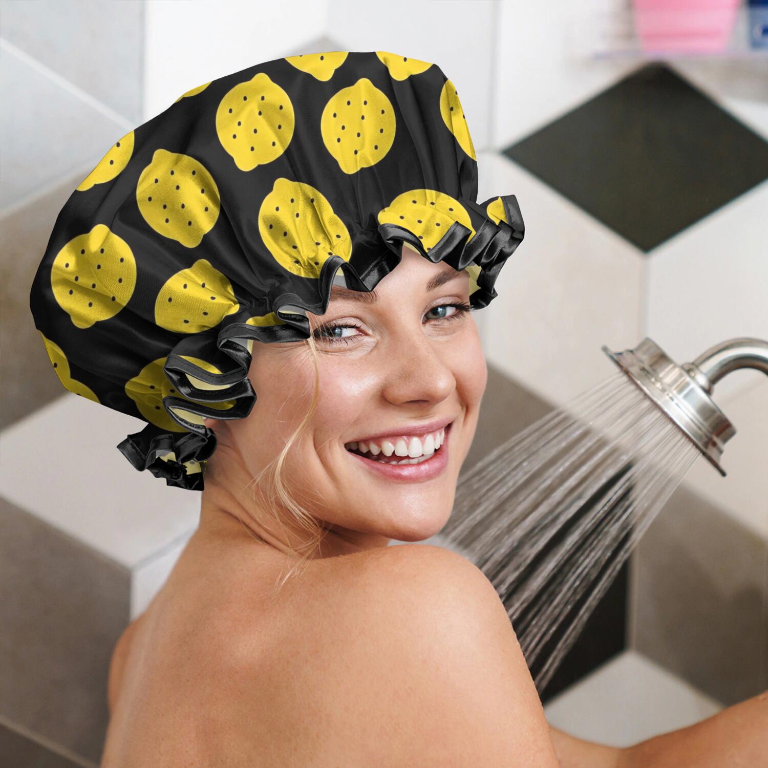 Shower Caps,Yellow Lemon Fruit Dots Black Pattern Waterproof Shower Cap for Women 4 Pieces,Double Reusable Hair Cover for Shower PEVA Elastic Stretch Hem