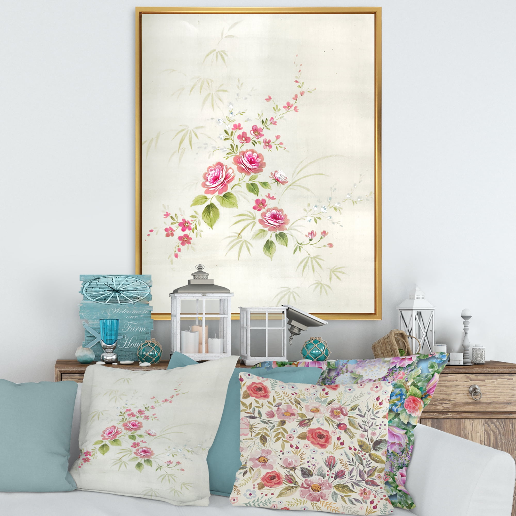 Designart 'Abstract Retro Drawing of Flowers II' Vintage Framed Canvas Wall Art Print