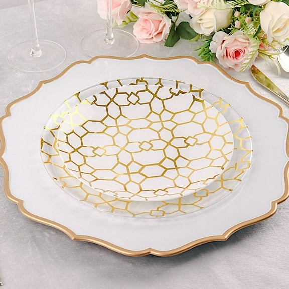 BalsaCircle 20 Disposable Clear White Plastic Dinner Salad Plates Gold Geometric Design Party Tableware