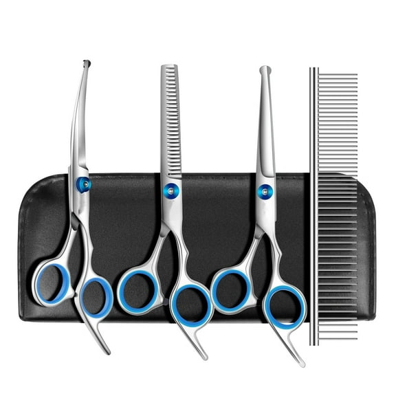 Professional Dog Grooming Scissors with Safety Round Tips,Dog Grooming Scissors Set: Thinning,Straight,and Curved Scissors and Comb for Long and Short Hair for Dogs and Cats (Blue-5 in 1)