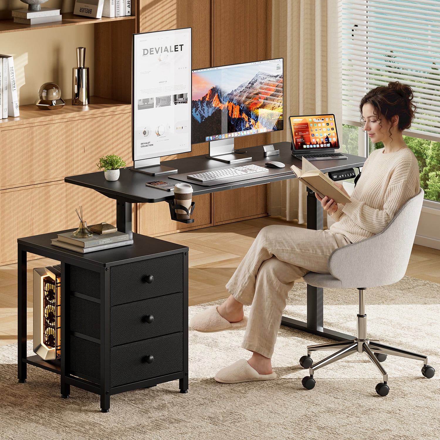 GUNAITO 47.2" Electric Standing Desk with 3-Drawer Cabinet, Adjustable Height Desk with Memory Panel, Office & Gaming Desk，Black
