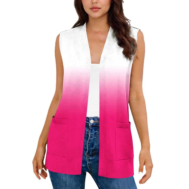 SZJXBUY Womens Summer Cardigan Lightweight Plus Size Color Block Open Front Casual Sleeveless Cardigans Dressy Gradient Loose Oversized Vests with Pockets Hot Pink,XXL