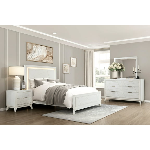 Modern 4pc Bedroom Set Antique White Finish Queen Bed Nightstand Dresser Mirror Set LED Light Headboard
