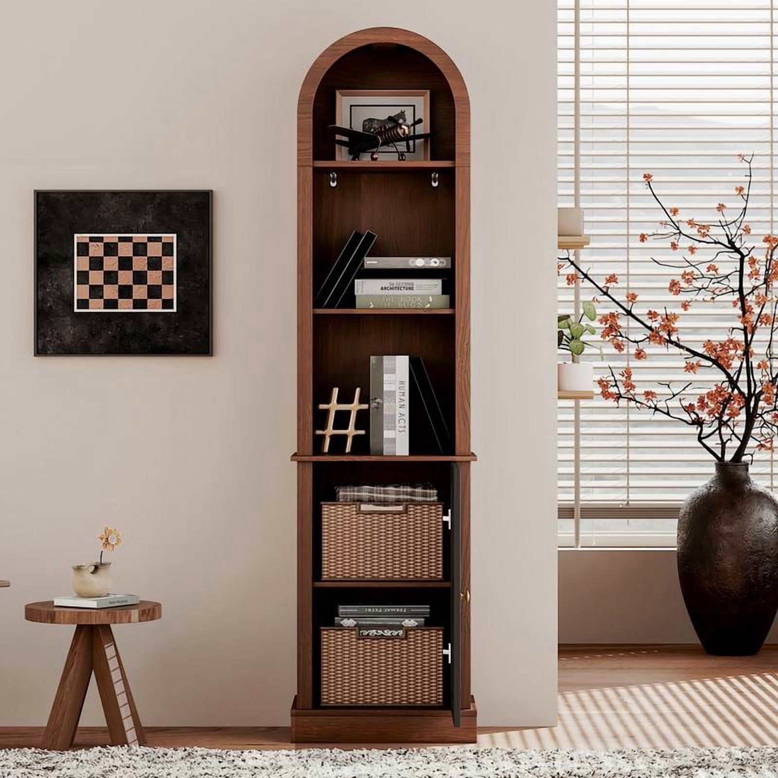 Tall Arched Corner Bookshelf with Shutter Door, Narrow Wooden Corner Display Cabinet, Freestanding Corner Storage Rack for Living Room, Bedroom, Small Space, Walnut Brown