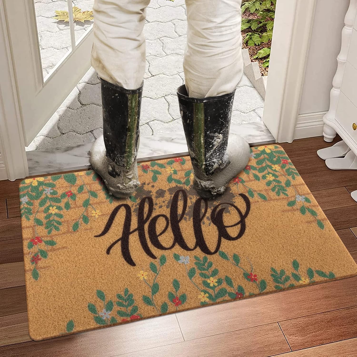 Artificial Coir Doormat with Non-Slip Backing for Indoor and Outdoor 17 x 30 inch Front Door Welcome Mat Spring Summer Seasonal Doormat, Hello Flower Wall