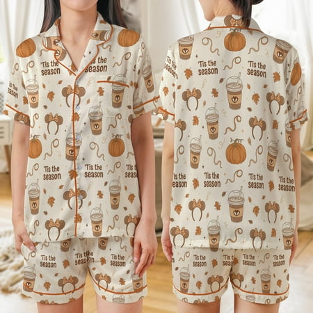 Lotusprinthandmade Fall Pumpkin All-over Print Satin Short-Sleeve Pajamas Set (4XL) autumn pajamas for women cute fall sleepwear