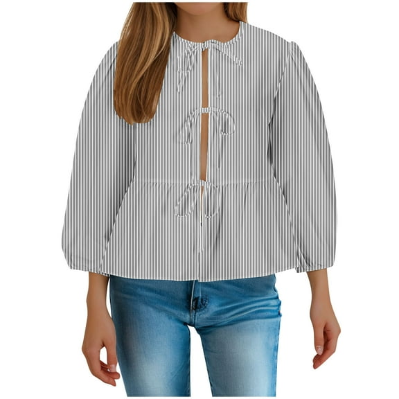 GA WEIHUA Tie Front Tops for Women Striped Solid Color Shirts Loose Crewneck 3/4 Puff Sleeve Blouse Babydoll Top Y2K Going Out Preppy Clothes,Black,M