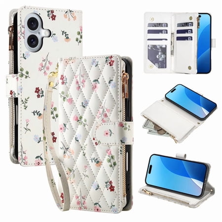 Tianyeda for iphone 16 Wallet Card Holder Zipper Leather Flip Cover Crossbody Wrist Strap with Stand A1