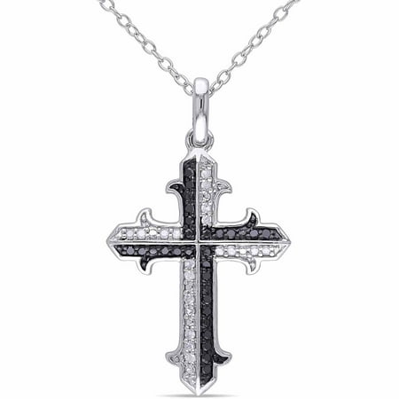 1/5 Carat T.W. Black and White Sterling Silver Diamond Religious Cross Pendant, 18