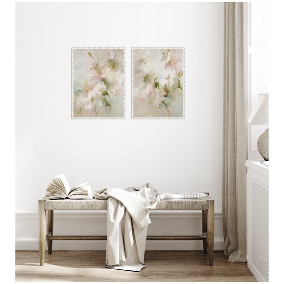 Kate and Laurel Bloom No. 1 & No. 2 2 Piece Framed Canvas Wall Art Set by Amy Lighthall, Sylvie Beaded White Modern Contemporary, Abstract Art for Wall Decor