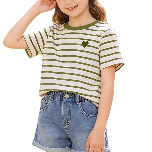 Zpanxa T-Shirts pour Filles Couleur Unie Bordure Festonnée Manches Courtes Col Rond Coton Haut Décontracté 3 Ans