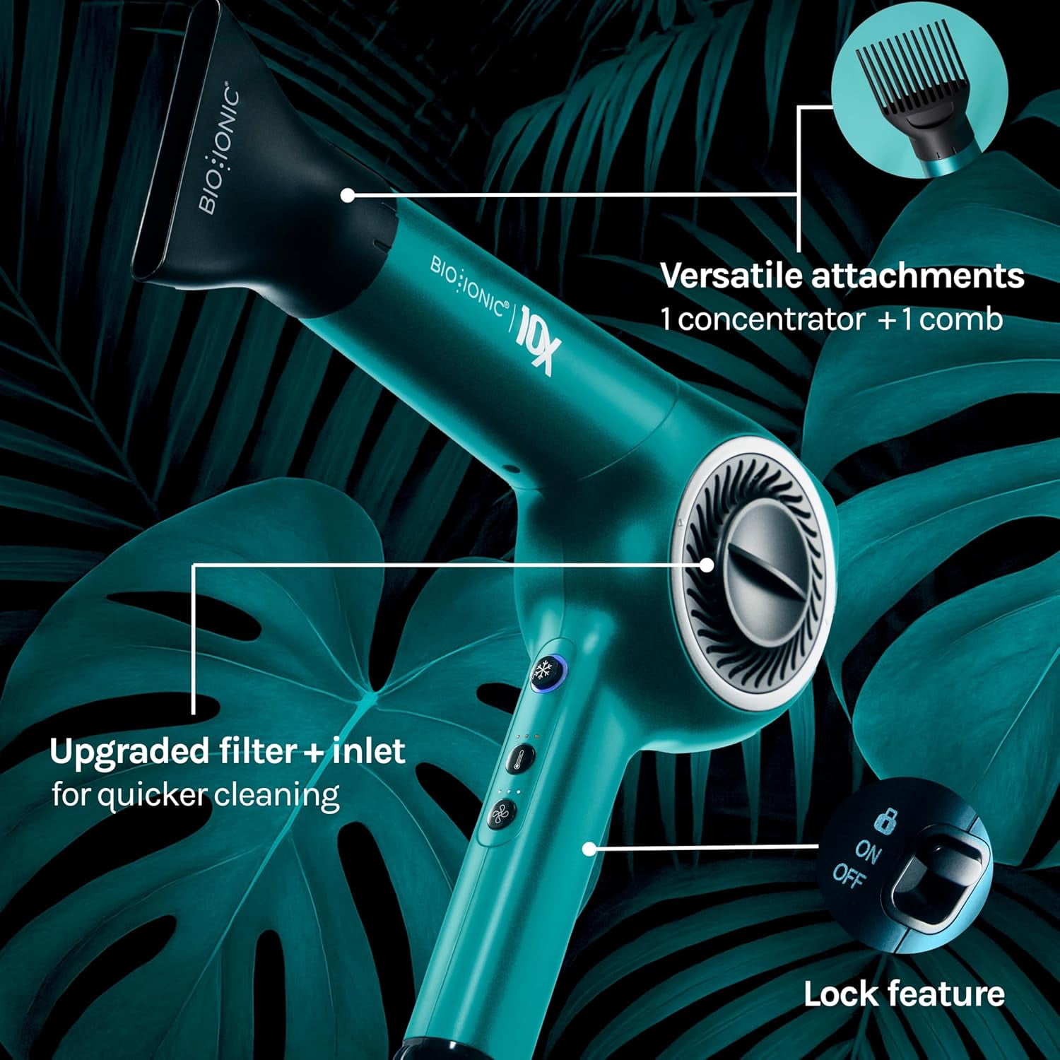 Bio Ionic Teal Tides 10X UltraLight Speed Hair Dryer, Adjustable Heat and Speed, Limited Edition
