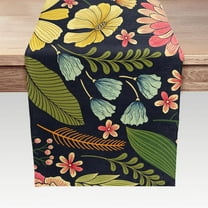 Spring Summer Tropical Table Runners, Palm Leaves and Pink Yellow Flowers Seasonal Table Runner, Black Background Farmhouse Floral Kitchen Dinner Party Table Decor13X36 IN