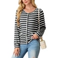 thumbnail image 2 of JWD Women's cardigan long sleeved button knit stripe with pocket Black Stripe XL, 2 of 5