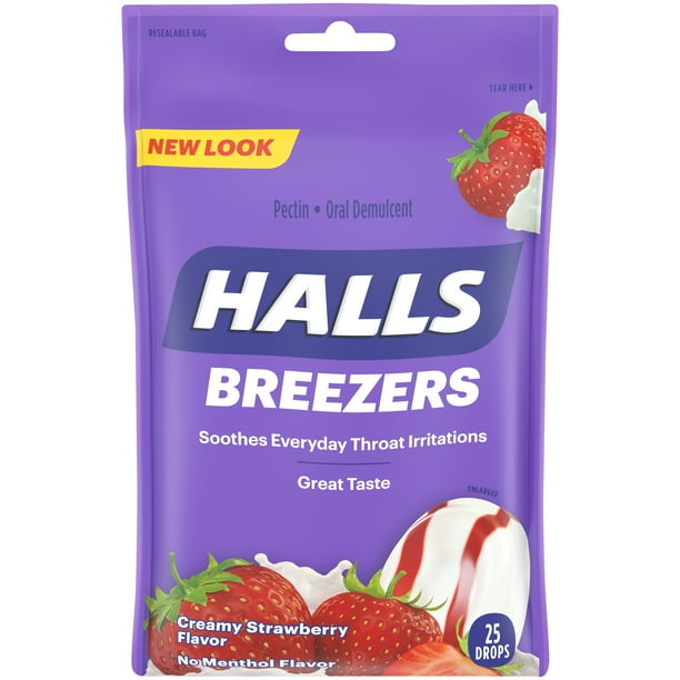 Halls Breezers Throat Drops, Pectin, Creamy Strawberry, 25 drops