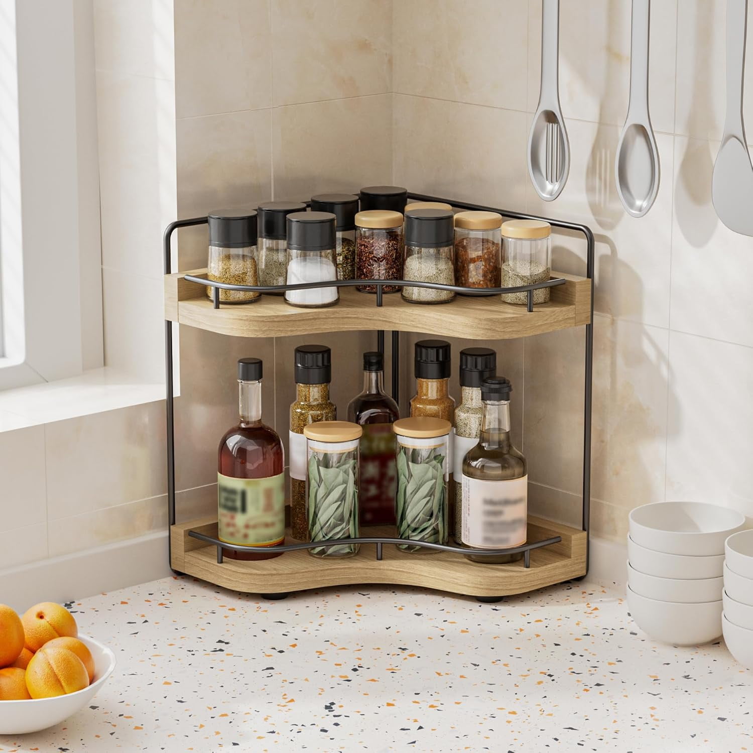 JDNRXO 2-Tier Corner Bathroom Counter Organizer with Embedded Screw Holes, Secure & Stable Wood Vanity Shelf for Makeup and Skincare Essentials - Space Saving Bathroom Organization  Storage