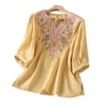 thumbnail image 4 of Womens Tops Half Sleeve Embroidered V Neck Casual Loose Linen Blouse Top, 4 of 9