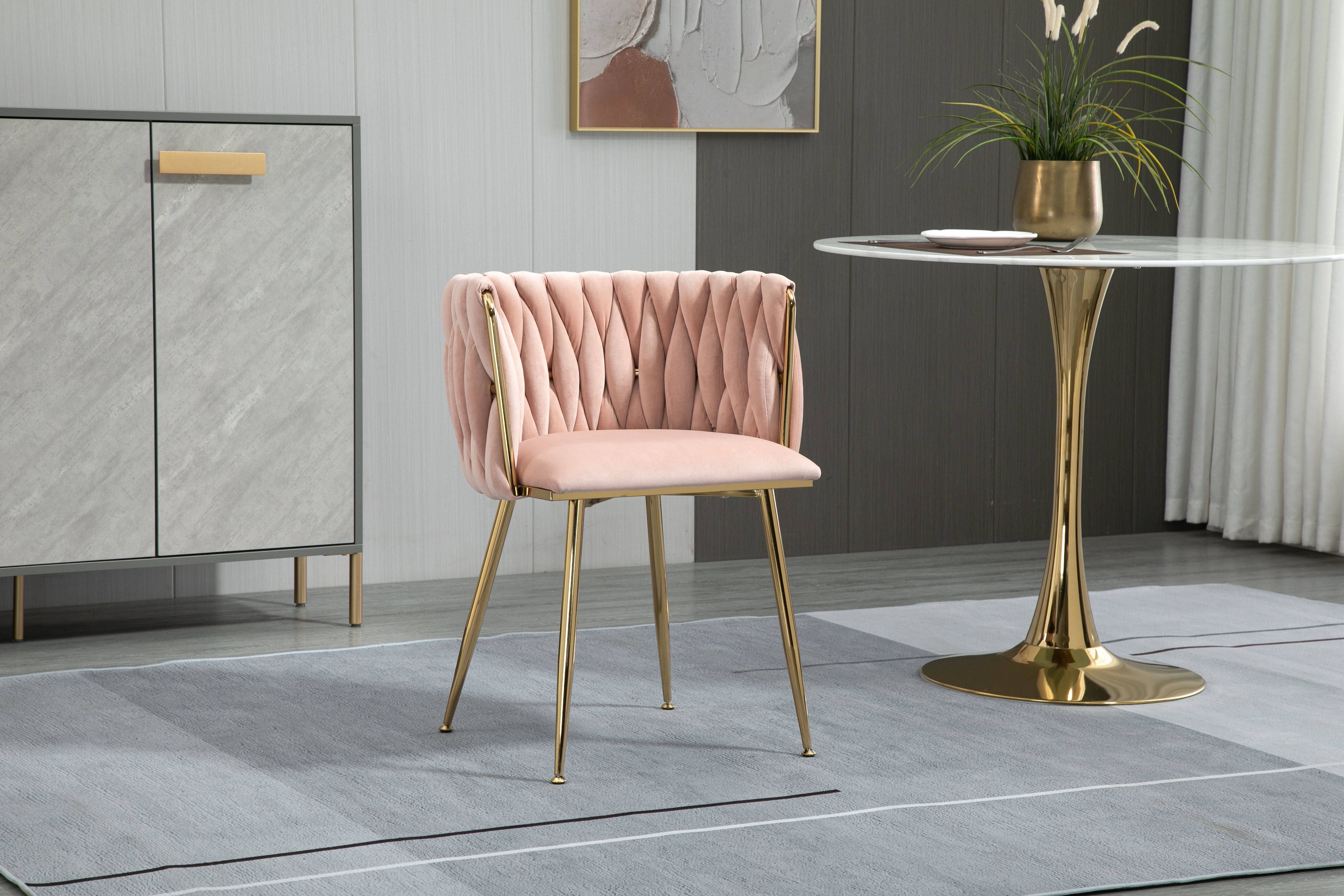 Tzicr Velvet Dining Chairs Set of 6, Modern Woven Upholstered Dining Chairs with Gold Metal Legs,Luxury Tufted Dining Chairs for Living Room, Bedroom, Kitchen (Pink)
