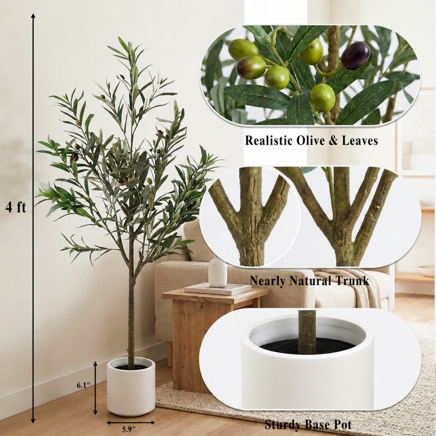 Easy4Home 4FT Artificial Olive Tree with Lifelike Fruits Fake Olive Plant Potted Indoor Faux Floor Plant for Home Office Decor, White Pot
