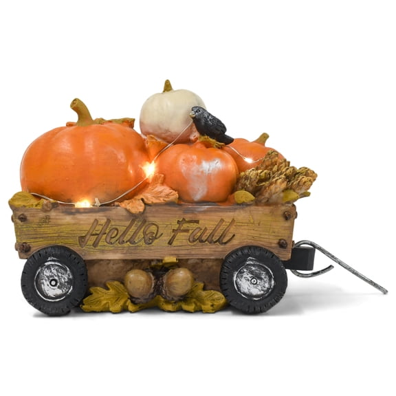 Hello Fall Brown Pumpkin Wagon 7.6 x 5.5 Polyresin Decorative Tabletop Sign