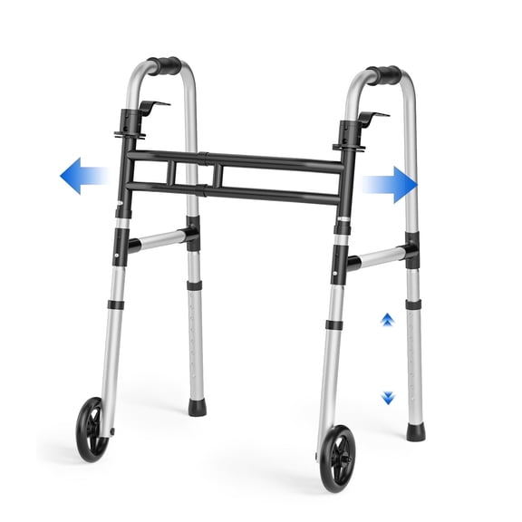 Loyoda Folding Walker for Seniors with Wheels, 350 lb Limit, Lightweight Aluminum Foldable Walker for Adults, Silver