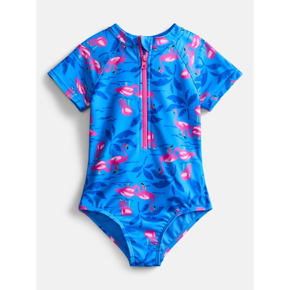 Wonder Nation Girls Zip-Up Rash Guard One-Piece Swimsuit with Short Sleeves, Sizes 4-18