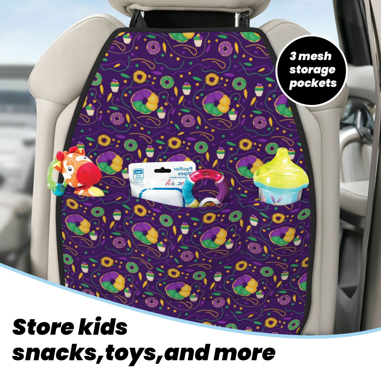 Xecao Mardi Gras and Donuts Pattern Car Seat Back Protector 2 Pack Large Capacity Pocket, Kick Mats Back Seat Protector