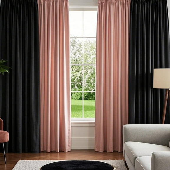 SMILETIME Pink & Black Back Tab Curtains, 4 Panels Set Rod Pocket & Pinch Pleat Design Light-Filtering & Thermal Insulation Ideal for Living Room, Bedroom & Office Windows