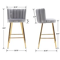 Velvet 30" Bar Height Barstools Set of 2 Modern Kitchen Stools Upholstered Counterr Stool Chairs with Gold Metal Legs for Kitchen Island/Breakfast Bar/Restaurant, Grey
