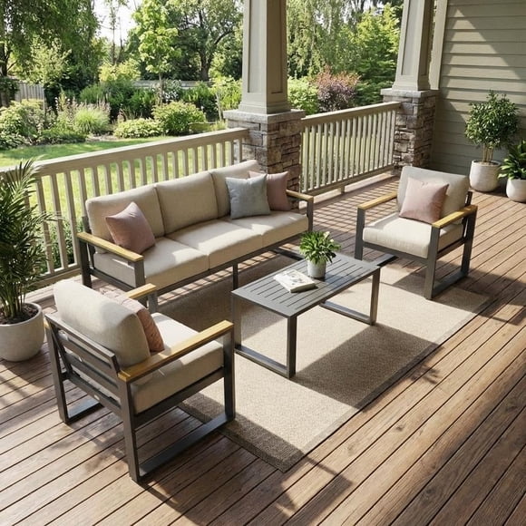 Patio Furniture Set 4 Pcs - Beige 3-Seat Aluminum Sofa & Coffee Table with Washable Cushions, 5-Seat Outdoor Conversation Set for Garden/Deck/Backyard