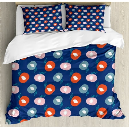 Peach Duvet Cover Set, Repeating Abstract Motifs of Taste Exotic Fruits Illustration Print, Decorative Bedding Set with Pillow Shams, Dark Blue and Multicolor, by