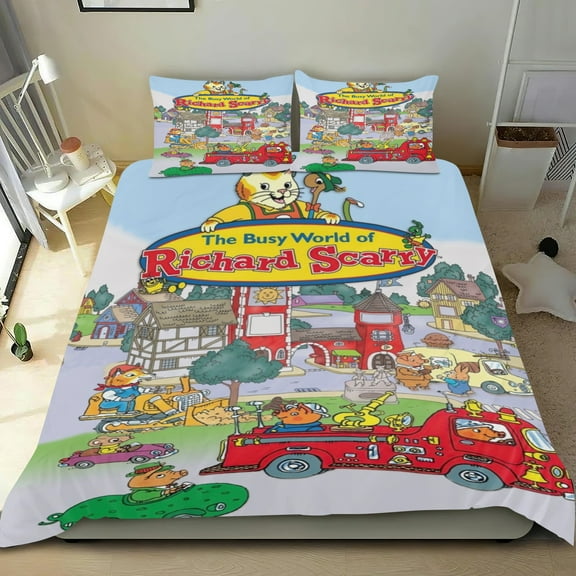 The Busy World of Richard Scarry Themed Bed Sheet Set Three Piece Set 53x79 Inches Comfortable And Skin Friendly Unique Design Creating A Star Studded Night Home Decor Gifts For Family Friends fans