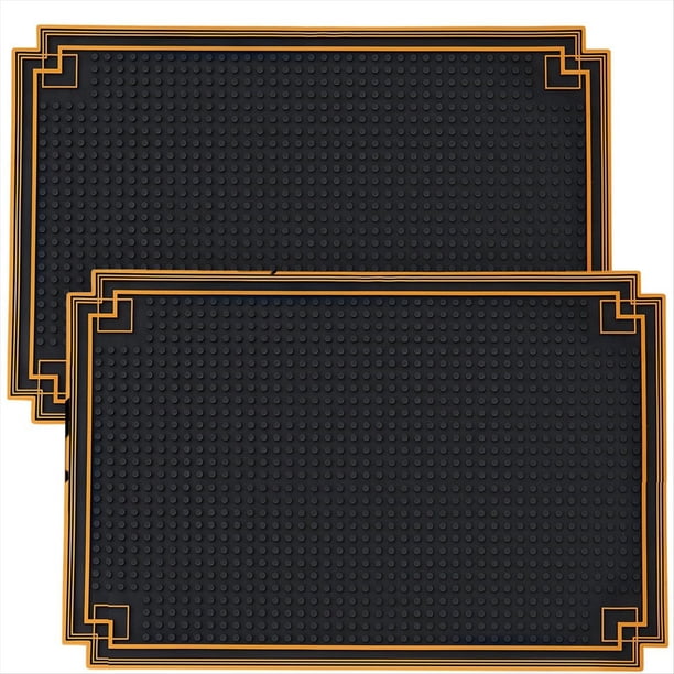 2 Alfombrillas de Bar de Goma Antideslizantes de 45 X 30 cm con Borde Dorado para Restaurantes, Barberías, Máquinas de Cortar el Pelo y Coctelería, Color Negro.