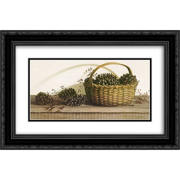 Pine Cones and Roseberries 2x Matted 22x17 Black Ornate Framed Art Print by Pauline Eble Campanelli