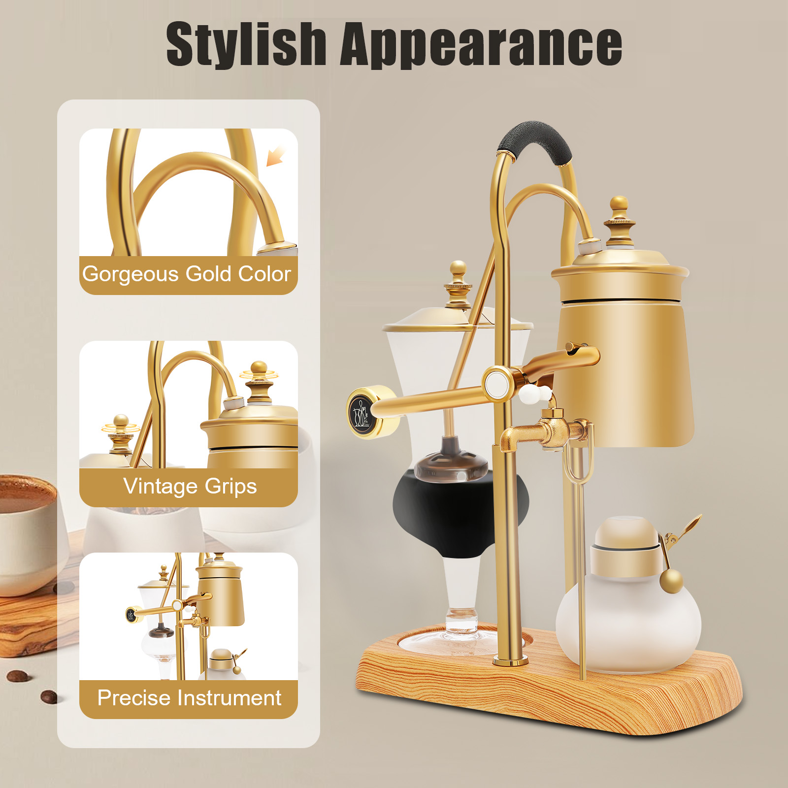 ChicHomey Golden Siphon Coffee Maker, Retro Balance Siphon Coffee Maker,Gravity Brewing,Free-Standing Mount Type,For kitchens, coffee shops