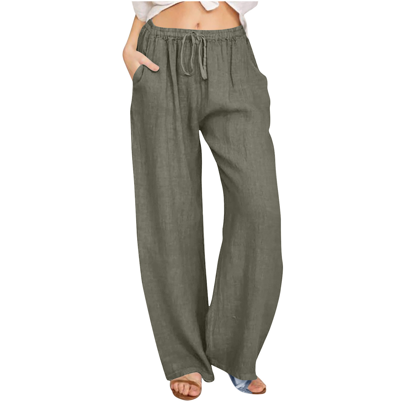 successthop Linen Wide Leg Pants for Women Plus Size Summer Slacks Drawstring Trousers Holiday Clothes with Pockets Gray