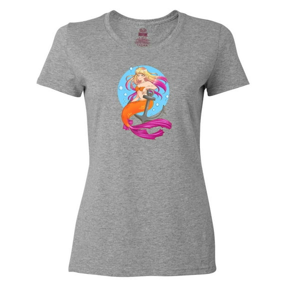 Inktastic Nautical Orange and Pink Mermaid Sitting on Anchor Women's T-Shirt