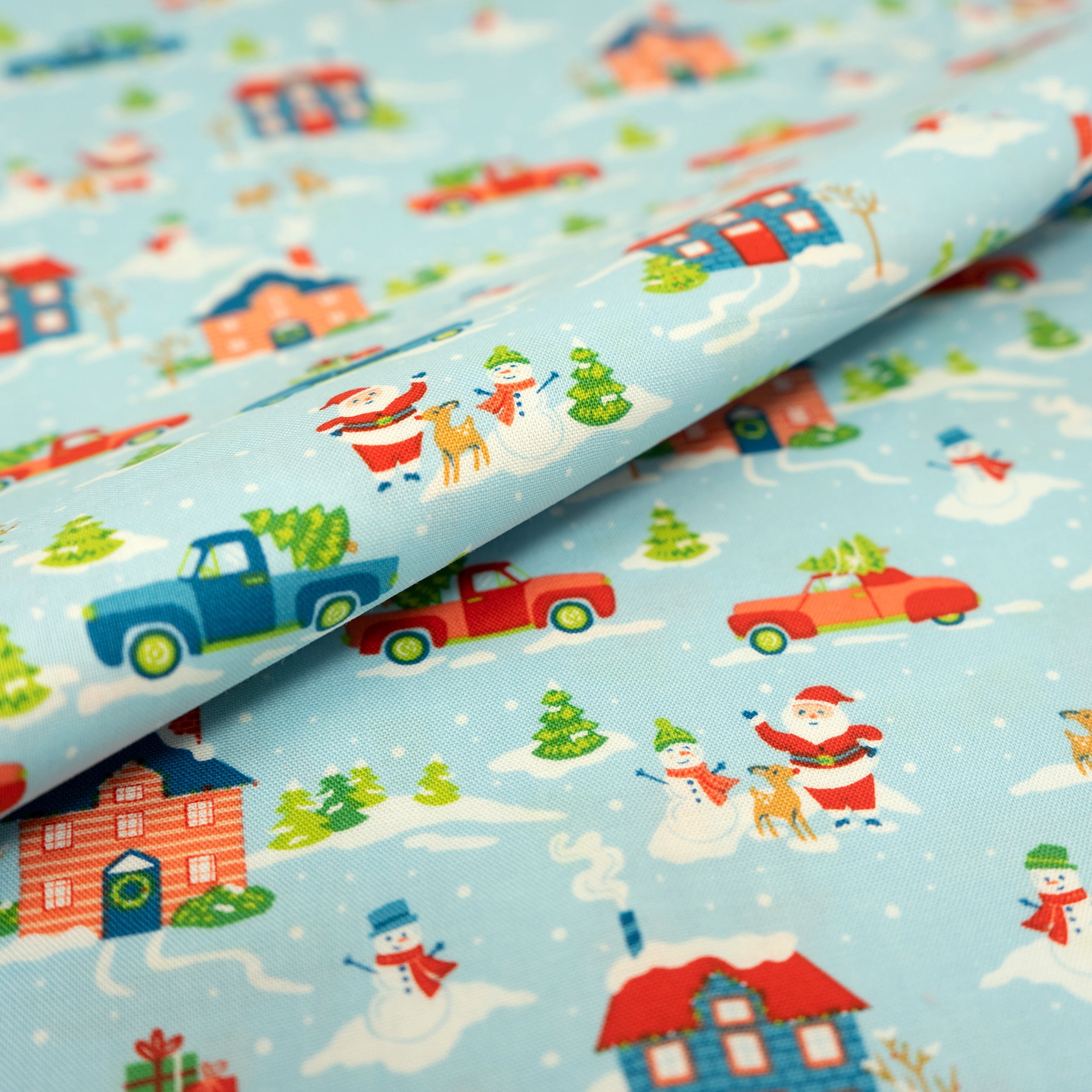 Singer Cotton Print Fabric, 100% Cotton, 1 Yard Precut, Santas Village Blue