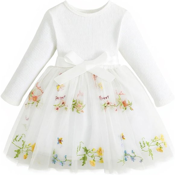JiAmy Rainbow Dresses for Girls Ruffle Long Sleeves Dress Kids Sequins Ribbed Knit Tulle Skirt for 1-6 Years Old
