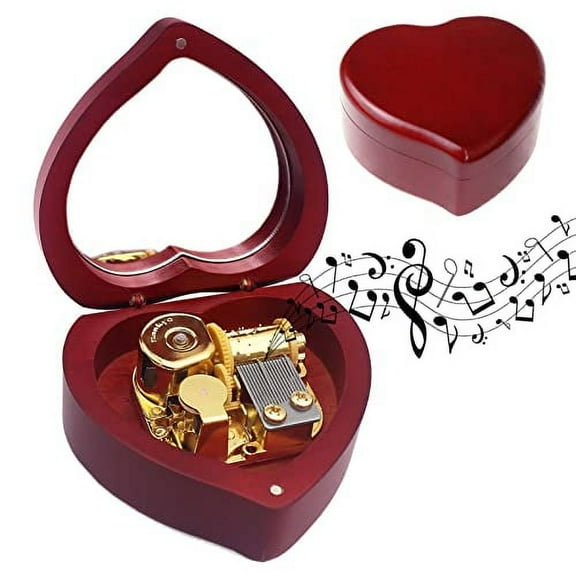 Sinzyo Heart Shaped Vintage Wood Sankyo Mechanism Musical Box Wind Up Music Box Gift for Christmas/Birthday/Valentine's Day wine red Heart with Mirror Melody Anastasia（Once upon a december）
