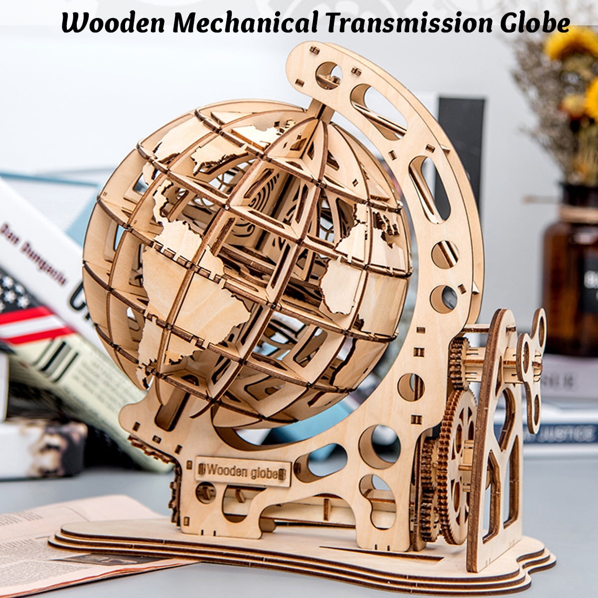 3D Wooden Mechanical Model Globe 360 Degree Rotating DIY Gear Drive
