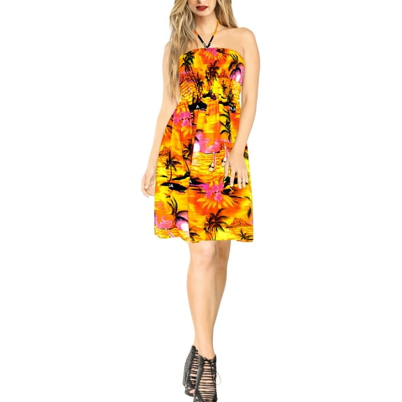 HAPPY BAY Women's Summer Boho Beach Halter Smocked Mini Flowy Dress Tube Top Strapless Dresses for Women One Size Pumpkin, Island View