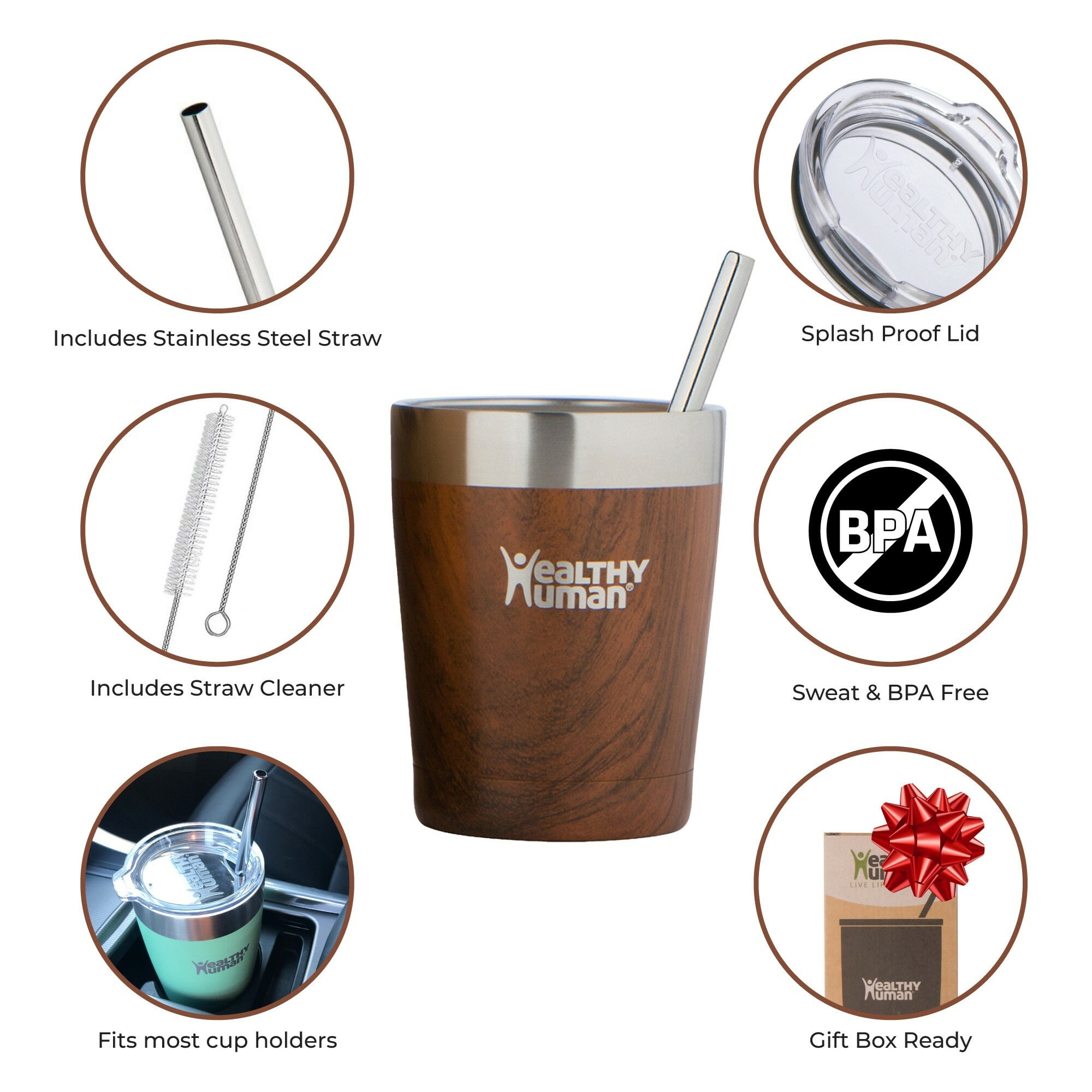 Healthy Human Stainless Steel Tumbler with Straw | Splash Proof Insulated Travel Cruiser Cup | Eco-Friendly Coffee Tumblers with Straws Cleaner & Splash Proof Lid (12oz, Harvest Maple)