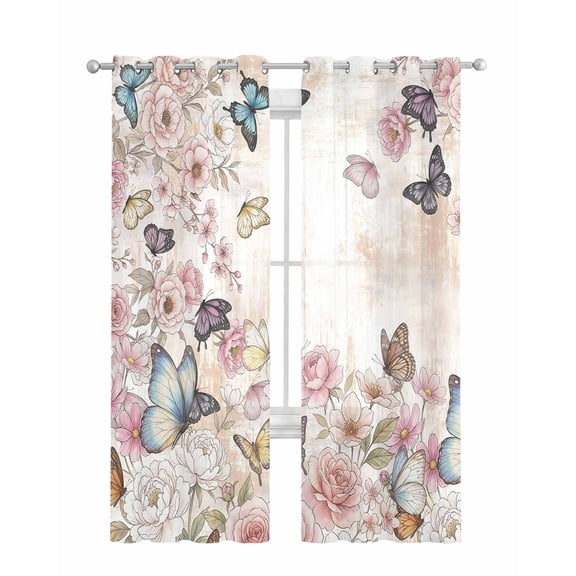Vintage Pink Flowers Sheer Curtains 84 Inch Length 2 Panels Set for Living Room/Bedroom, Spring Floral Butterfly Retro Art Kitchen Curtains Grommet Semi-Sheer Curtains Window Treatments 52"x84"x2