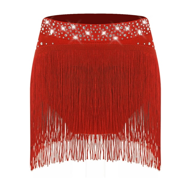 Sinleey Jupe de Danse Moderne à Franges pour Filles, Salsa Latine, Samba, Rumba, Tango, Rouge 16