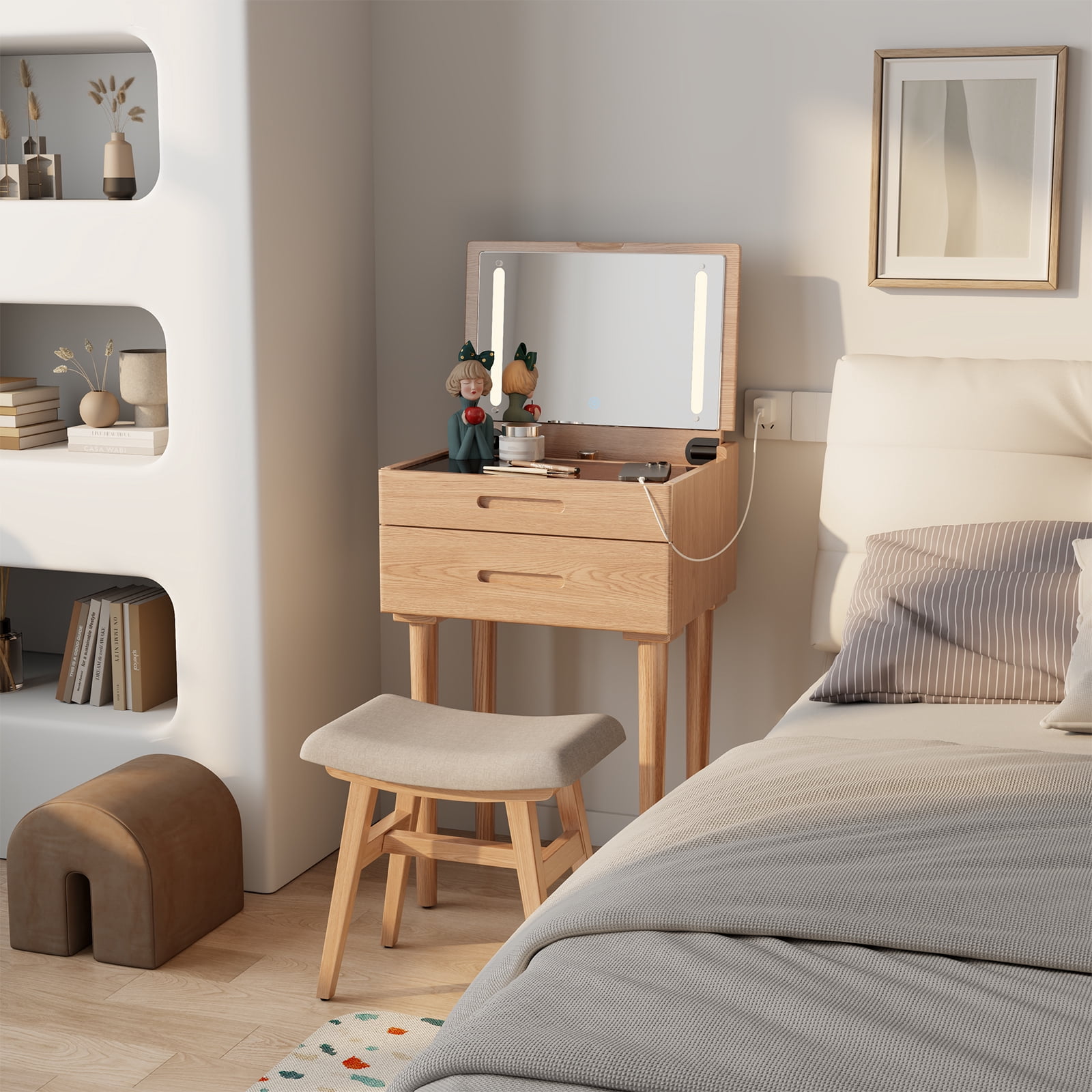 Muwuele Vanity Desk, Natural Wood Makeup Table with Flip Top Mirror, Adjustable Lights, Jewelry Organizer and Drawers