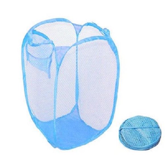 Foldable Nylon Net Laundry Basket with Mesh Fabric, Light Blue