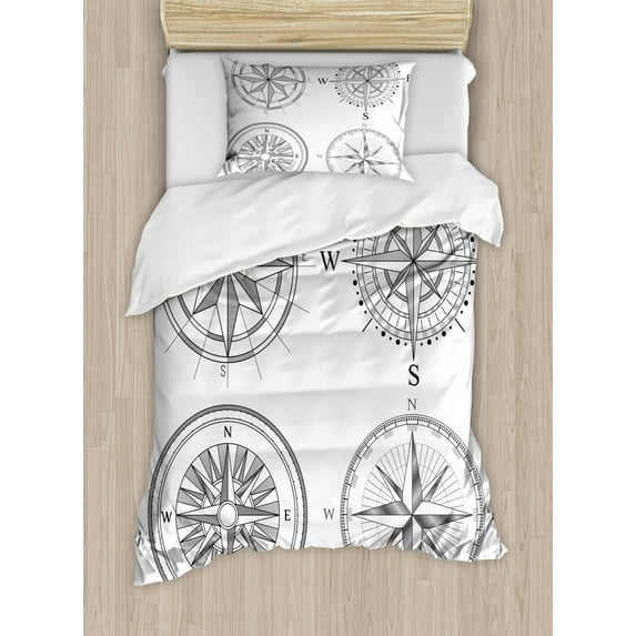 Compass Duvet Cover Set Twin Size, Seafaring Design Windroses in Black and White Sailing Away Journey Themed, Decorative 2 Piece Bedding Set with 1 Pillow Sham, Black and White, by Ambesonne